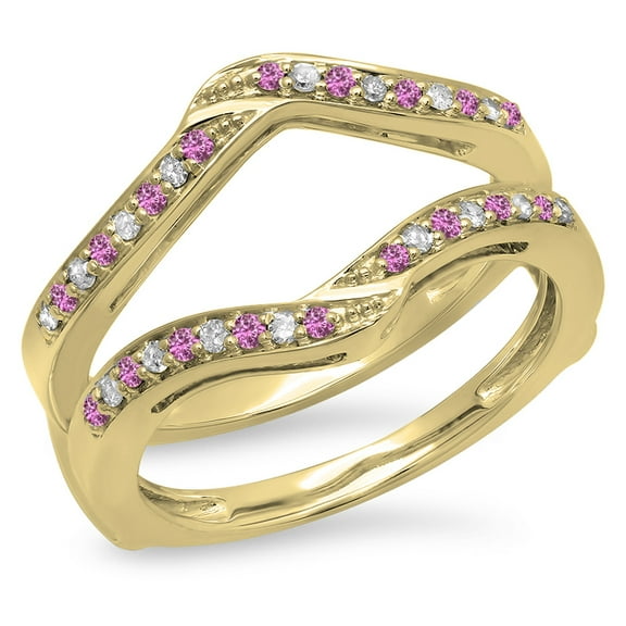 Dazzlingrock Collection 14K Pink Sapphire & White Diamond Ladies Wedding Band Enhancer Guard Double Ring, Yellow Gold, Size 9.5