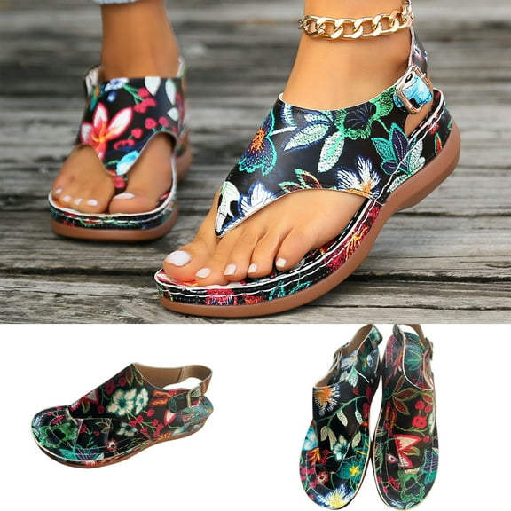 Jacenvly 2024 New Herringbone Lunge Toe Clip Sandals Floral Back Strap Sloping Heel Sandals Black Sandals for Women