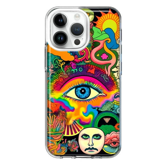 MUNDAZE Case for Apple iPhone 15 Pro Max Slim Hard Shell Soft TPU Hybrid Shockproof Heavy Duty Protective Phone Cover - Neon Rainbow Psychedelic Trippy Hippie Multiple Eyes