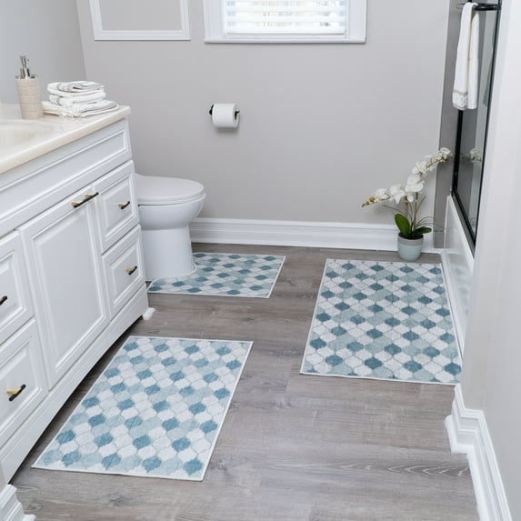 SussexHome Geometric Design 3 Piece Bathroom Rugs Set - Non-Slip Ultra Thin Bath Rugs for Bathroom Floor - Washable Cotton Bathroom Mats Set