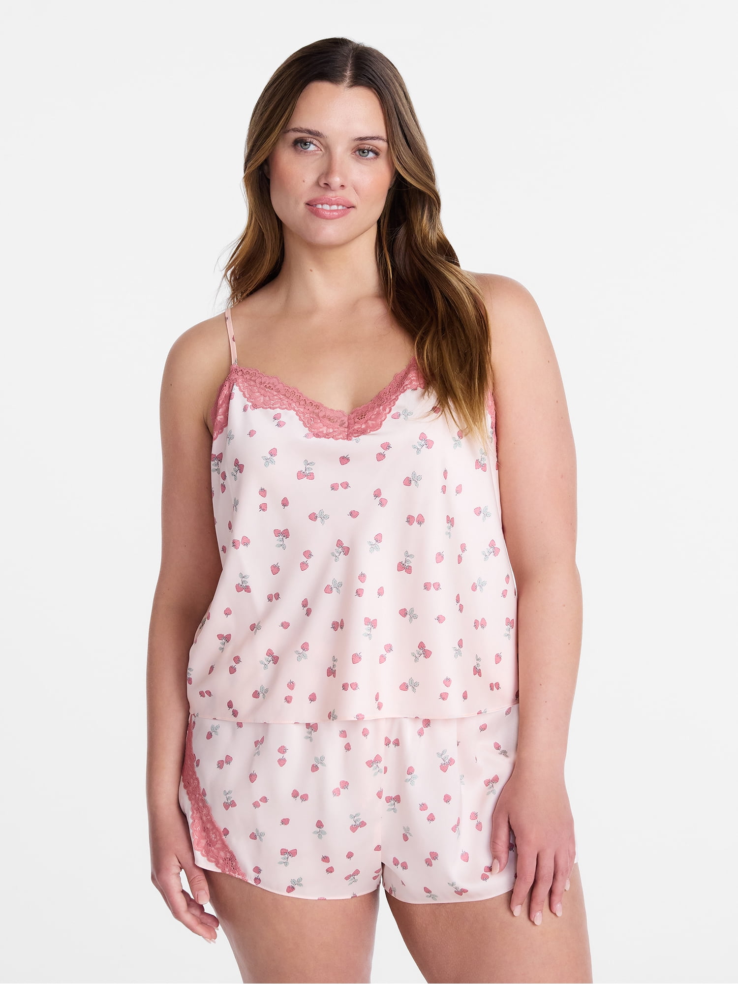 Joyspun Women’s Lace Trim Stretch Satin Cami and Shorts Set, 2-Piece, Sizes XS-3X