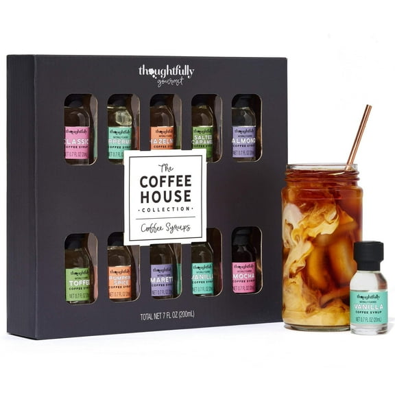 Thoughtfully Gourmet Flavored Coffee Syrup Sampler Gift Set, Includes Salted Caramel, Vanilla, Mocha, Hazelnut, Pumpkin Spice, & More, Set of 10