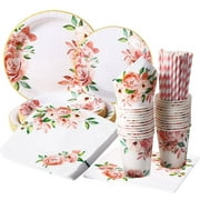 WSBArt 120 PCS Flower Paper Plates Party Supplies, Floral Theme Disposable Party Decorations for 24 Guests Including Plates, Cups, Straws and Napkins for Tea Party, Bridal Shower, Wedding, Mothers Day