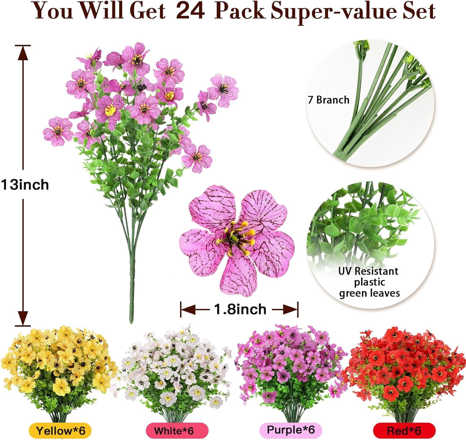 24 Bundles Artificial Hanging Flowers with 2 Baskets for Outdoors, Artificial Hanging Plants Outdoors, Fake Hanging Flowers Daisy Eucalyptus Realistic UV Resistant for Garden Patio Porch Summer Decor