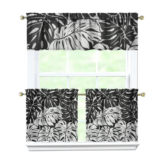 Kitchen Curtains 24 Inch Short - 3 Panel Set, Rod Pocket Window Curtain with Tropical Leaf Botanical Print, 100% Polyester for Farmhouse, Cafe, Kitchen, Bedroom, Easy Wash
