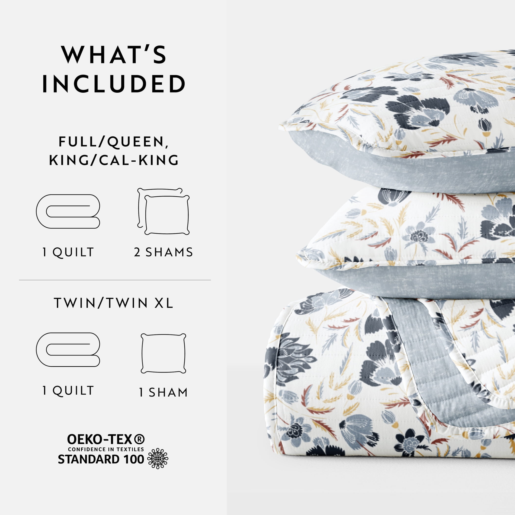 Noble Linens 3-Piece Light Blue French Jacobean Reversible Quilt Set, King