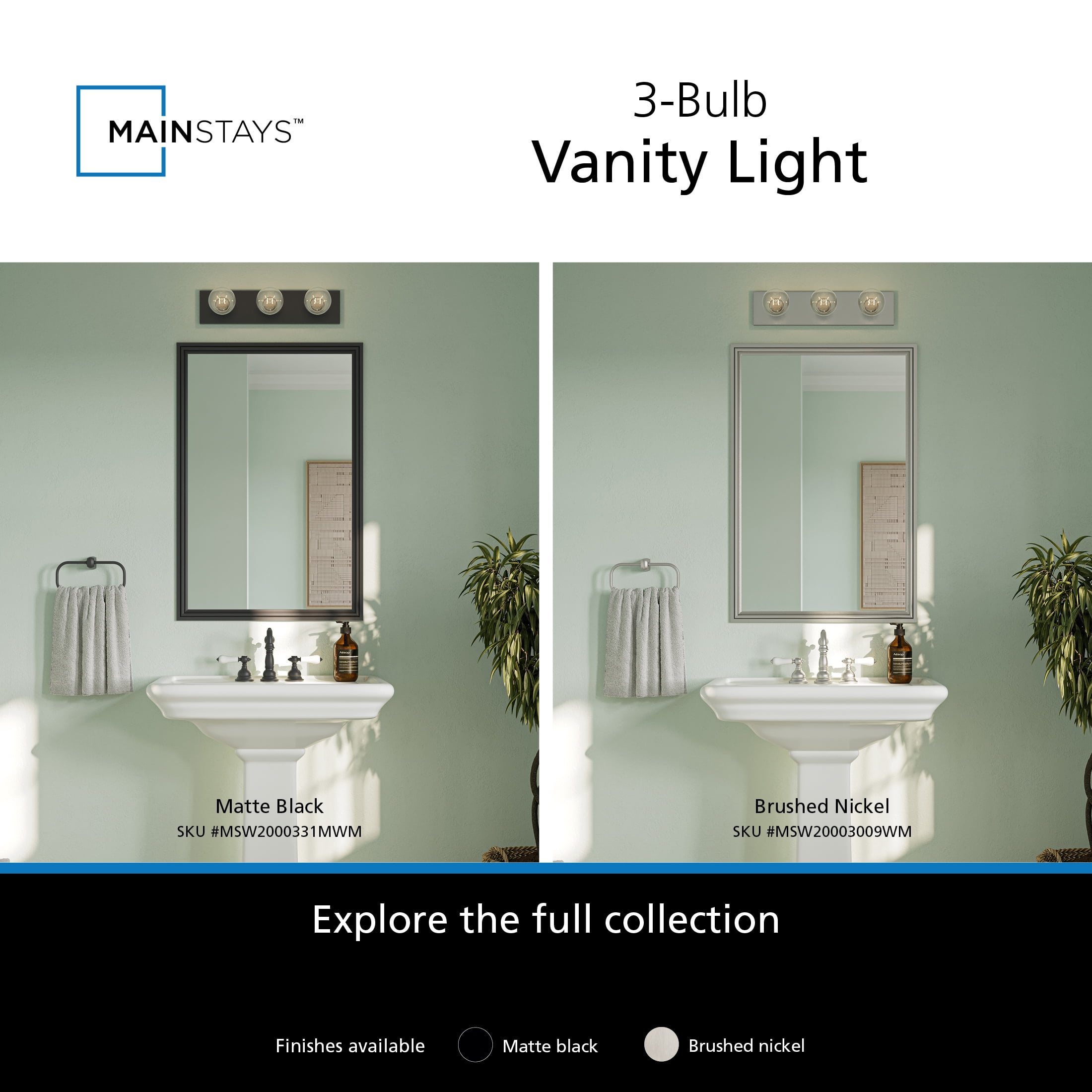 Mainstays Hollywood Style 60-Watt 3-Light Matte Black Bathroom Vanity Light Fixture