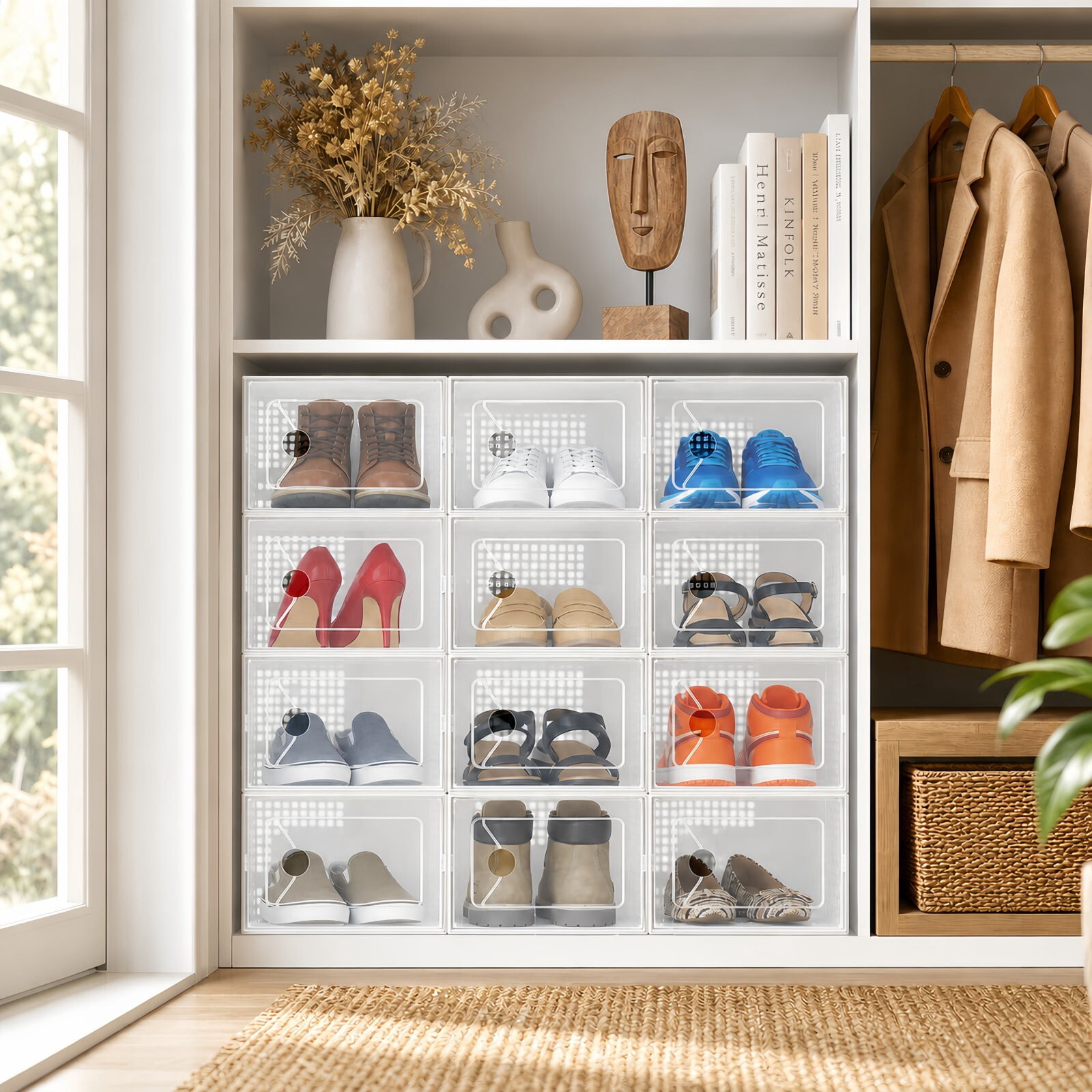 Kelno Stackable Shoe Box Organizer Ventilated Plastic Shoe Storage Bins up to US Size 11 for Closet Hallway Bedroom, White