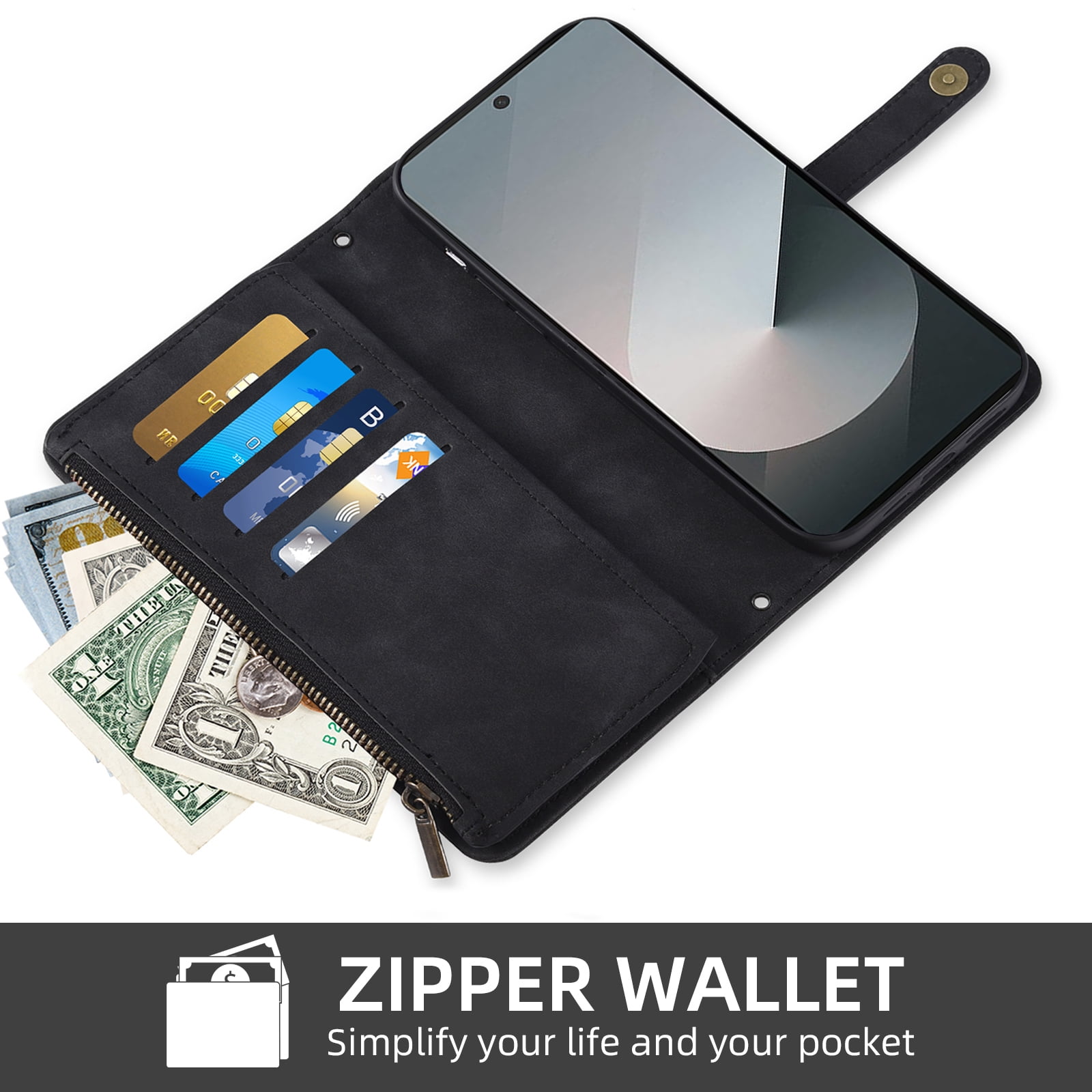 Asuwish Phone Case for Samsung Galaxy Z Fold 6 5G 2024 Wallet Cover Crossbody Wrist Strap Flip Pattern Zipper Card Holder Cell ZFold6 Z6 G Fold6 ZFold 6Z Men Black