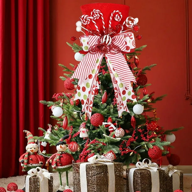 JOIEDOMI 20 Inch Christmas Tree Topper Hat - Red Top Hat With Candy Cane Ribbon Bow For Tree Decor
