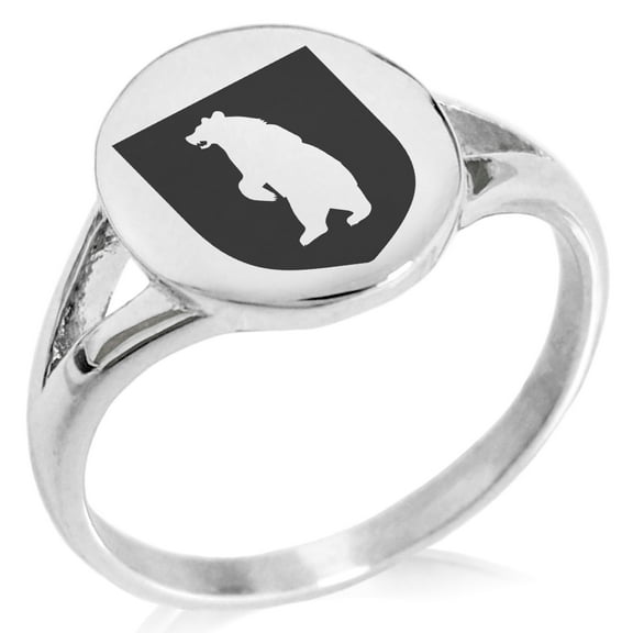 Stainless Steel Bear Ferocity Coat of Arms Shield Minimalist Oval Top Polished Statement Signet Ring