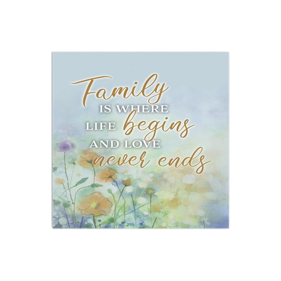 Family Love Never Ends Pastel Blue Floral 12 x 12 Wood Wall Sign Plaque