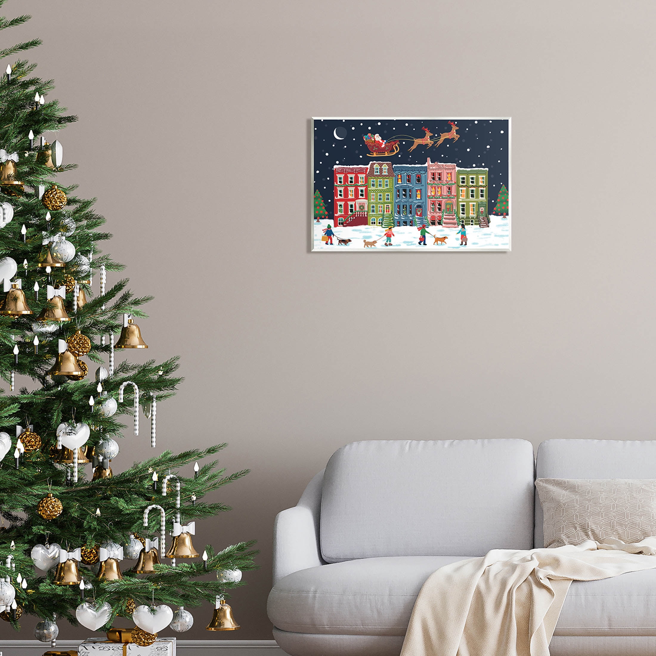Snowy Christmas Town Santa Overhead Holiday Graphic Art Unframed Art Print Wall Art