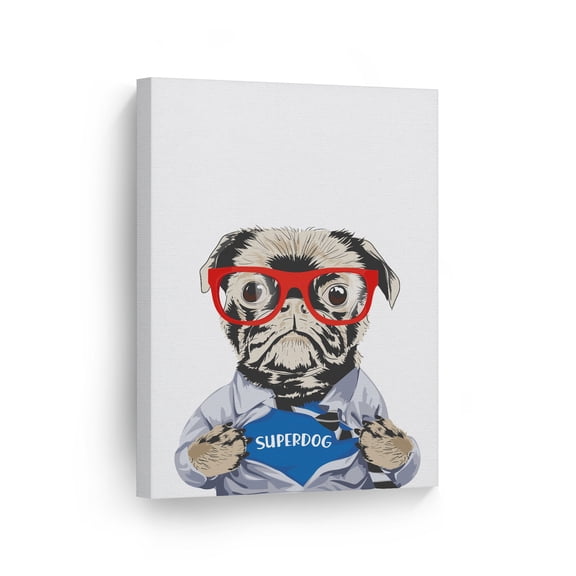 Smile Art Design Super Hero Pug Dog with Red Glasses Illustration Animal Canvas Wall Art Print Pet Owner Dog Lover Mom Dad Gift Living Room Bedroom Kids Baby Nursery Room Decor - 40x30