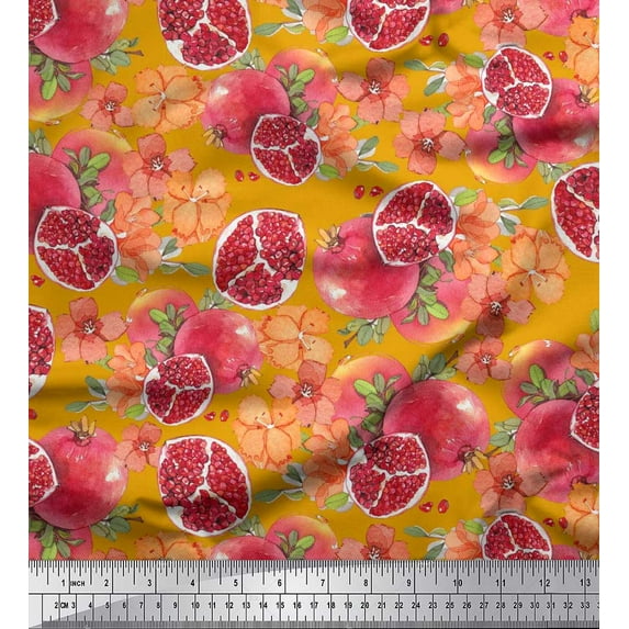 Soimoi polyester Crepe Fabric Leaves,Floral & Pomegranate Fruits Print Fabric by the Yard 52 Inch Wide