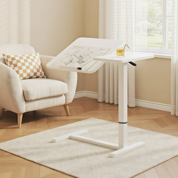 Overbed Table with Wheels Height Adjustable Rolling Laptop Stand for Bed and Sofa Mobile Tilting Bedside Desk, White
