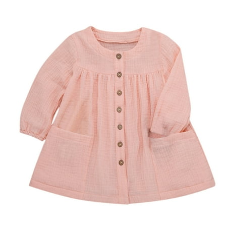 

Tops Baby Long Solid Pocket Sleeve Girls Button Linen Girls Tops