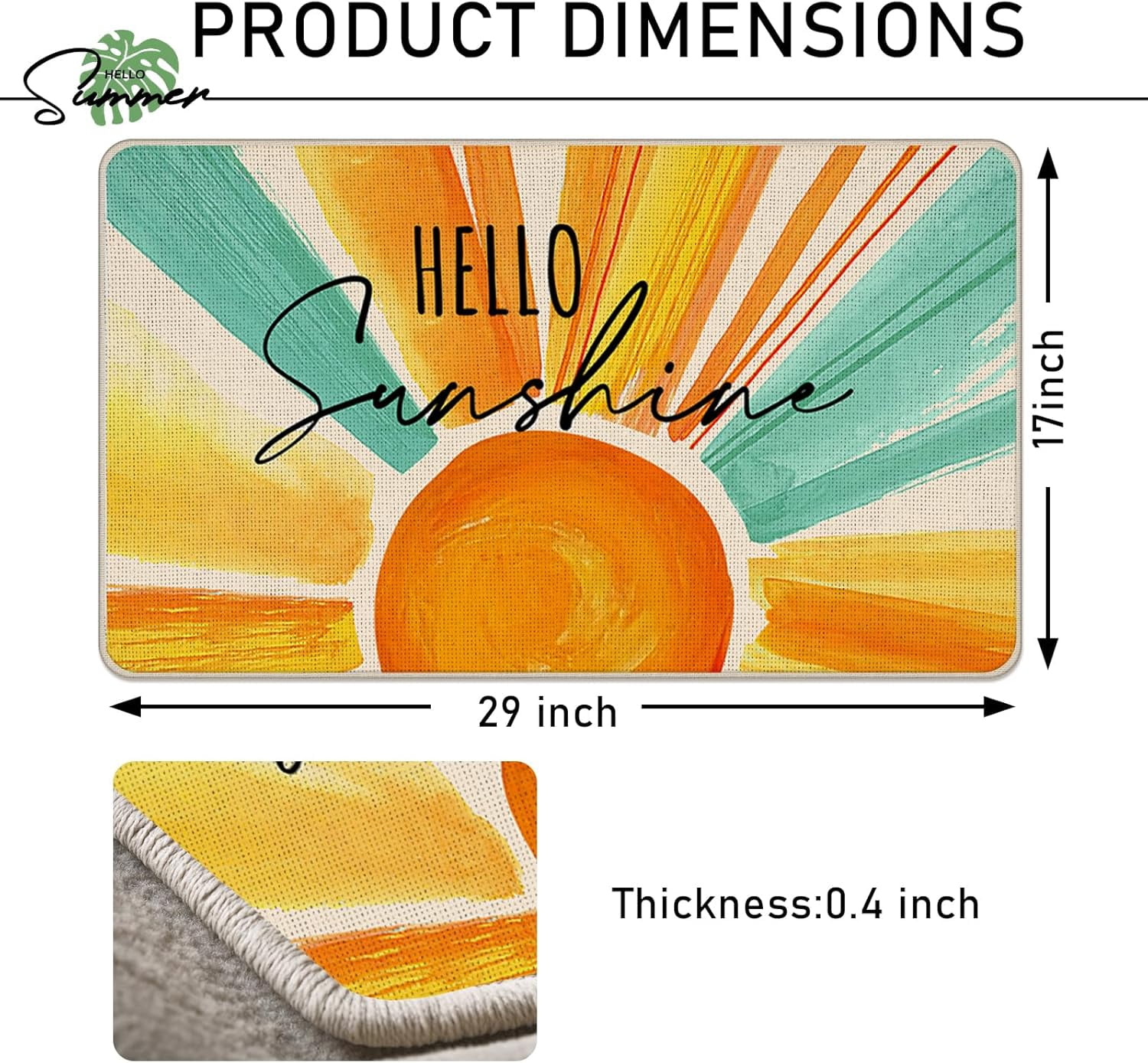 Hello Sunshine Spring Summer Decorative Front Door Mat, Watercolor Sun Doormat Indoor Outdoor Non-Slip Floor Entryway Rug, Seasonal Home Kitchen Decoration 17x30 Inch