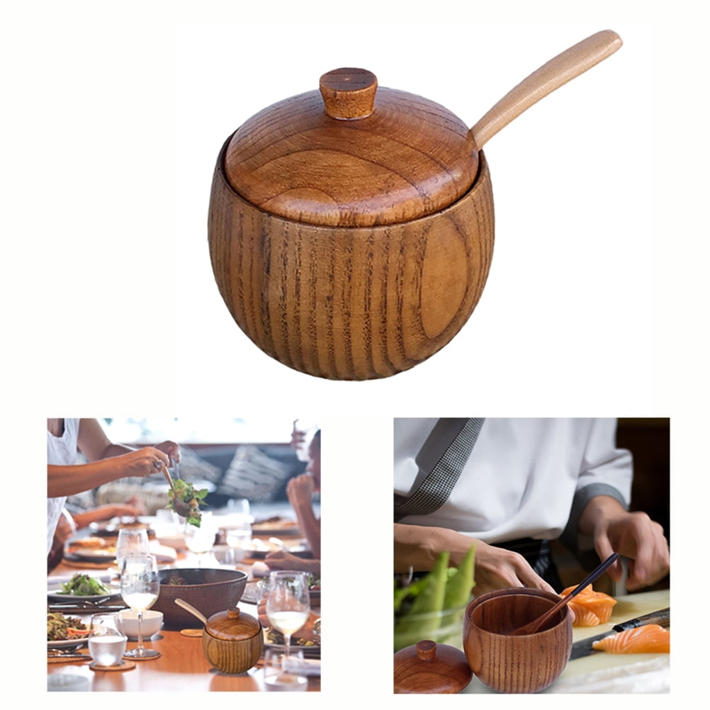 Wood Spice Jar Seasoning Container Natural Jujube Wooden Pepper Sugar Salt Bowl Sauce Pot with Lid and Spoon Kitchen Cooking Tool Box