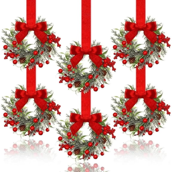 JEWLALO 6-Pack Mini Christmas Wreaths for Cabinets, 6 Inch with Red Ribbon and Bells, Small Window Wreath for Window Door Farmhouse Christmas Party Decorations (Red)