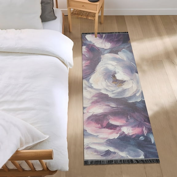 White and Pink Flowers Oil Painting Bedroom Runner Rug 2'x 6' Non Slip Carpet Indoor Home Area Rug Living Room