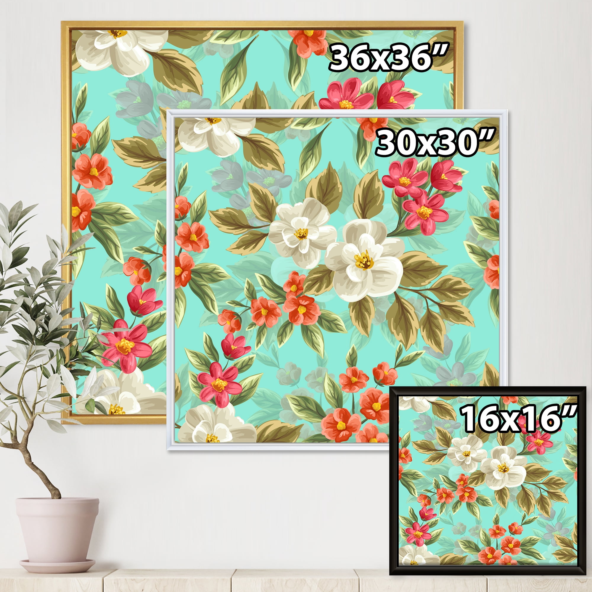 Red and White Floral Seamless Pattern 16 in x 16 in Framed Painting Canvas Art Print, by Designart
