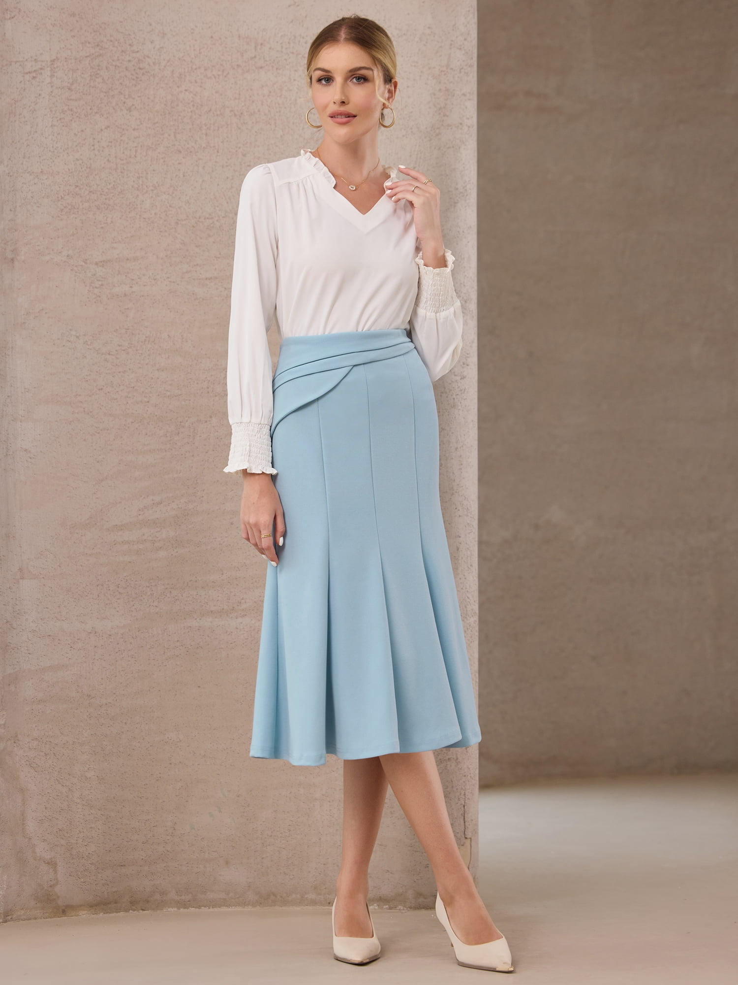 DARING DIVA Women's High Elastic Waist Fishtails Midi Skirts for Work M Blue