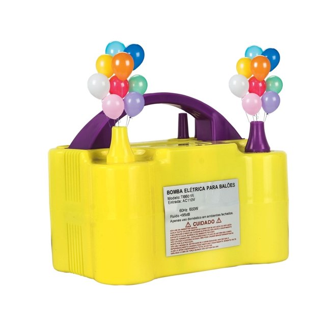 inflador de bomba eléctrica inflador de globos máquina de fiesta vejiga amarillo Deng Xun, vista frontal con asa morada y dos boquillas superiores para inflar dos globos en 2 segundos; cuerpo de plástico amarillo con etiqueta de especificaciones visible, dimensiones 18 x 13 x 12 cm, base antideslizante y cable eléctrico de 1.00 m que se guarda en el equipo; incluye 2 adaptadores de boquilla y manual; a menudo usado también para inflar decoraciones pequeñas de fiesta gracias a su modo Touch On o continuo.