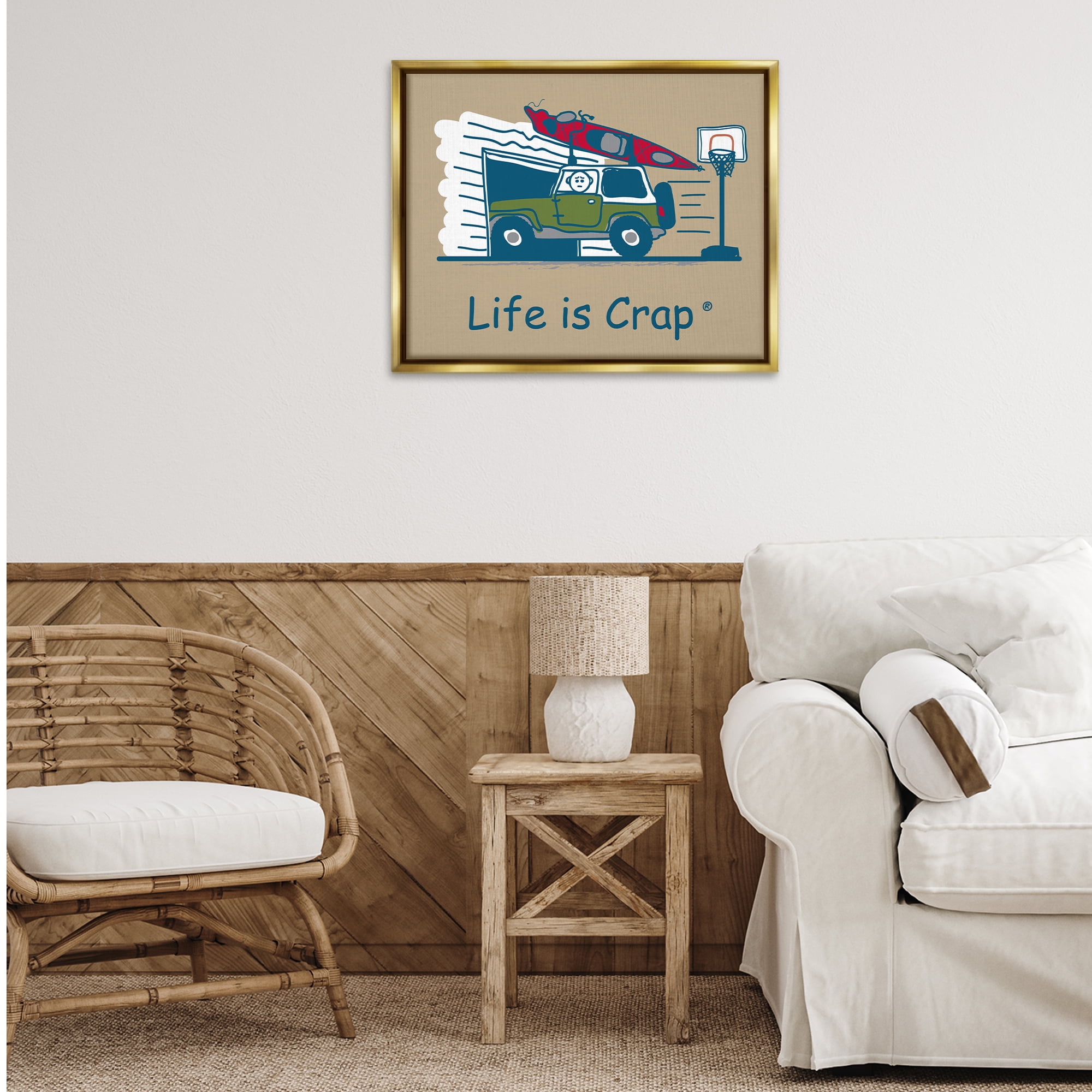 Stupell Industries Kayak and Garage Novelty & Humor Painting Gold Floater Framed Canvas Art Print Wall Art, 31 x 25