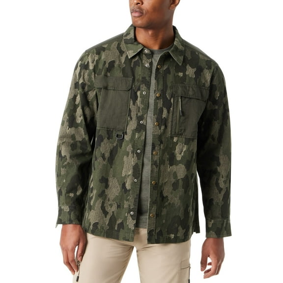 Bass Outdoor Shirt Jacket Men's Medium Camo Green Relaxed Fit Worker Stretch