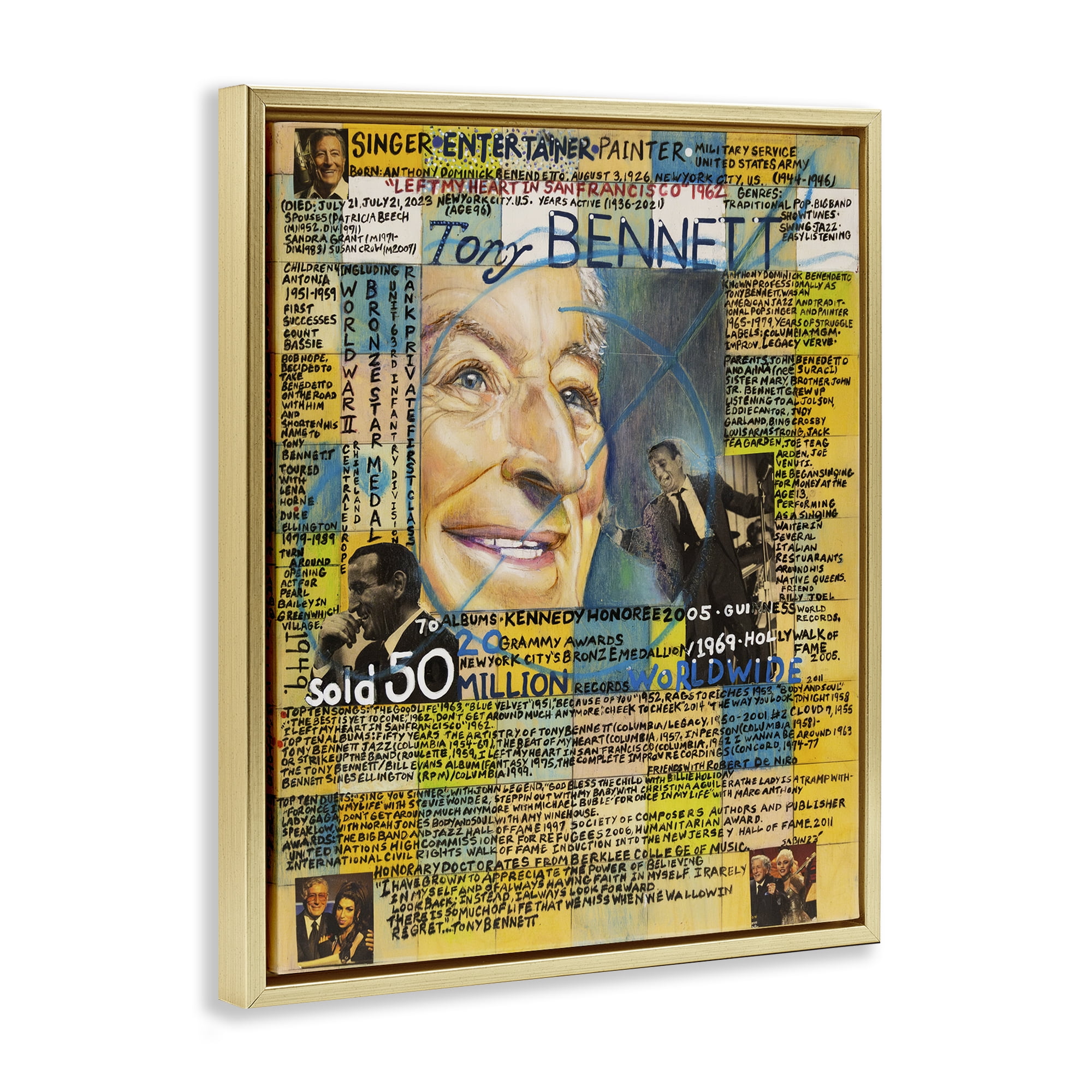 Stupell Industries Tony Bennett Collage People Drawing Gold Floater Framed Canvas Art Print Wall Art, 25 x 31
