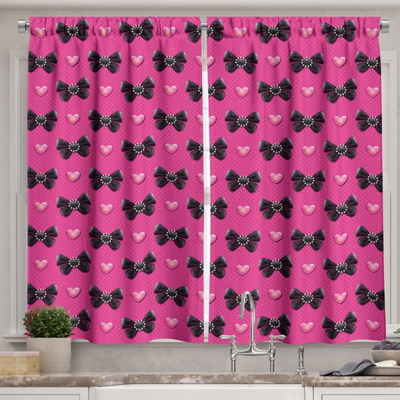 Pearls Curtains 2 Panels Set, Bow Ties with Hearts Feminine Valentines Day Romantic Theme with Dotted Background, Window Drapes for Living Room Bedroom, 55W X 39L Inches, Pink Black, by Ambesonne