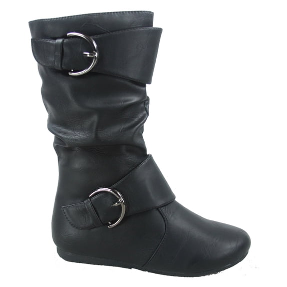 New Kids Girls Dual Buckle/Zipper Quilted Mid Calf Motorcycle Riding Boots (Black-May14K-2 Little Kid)