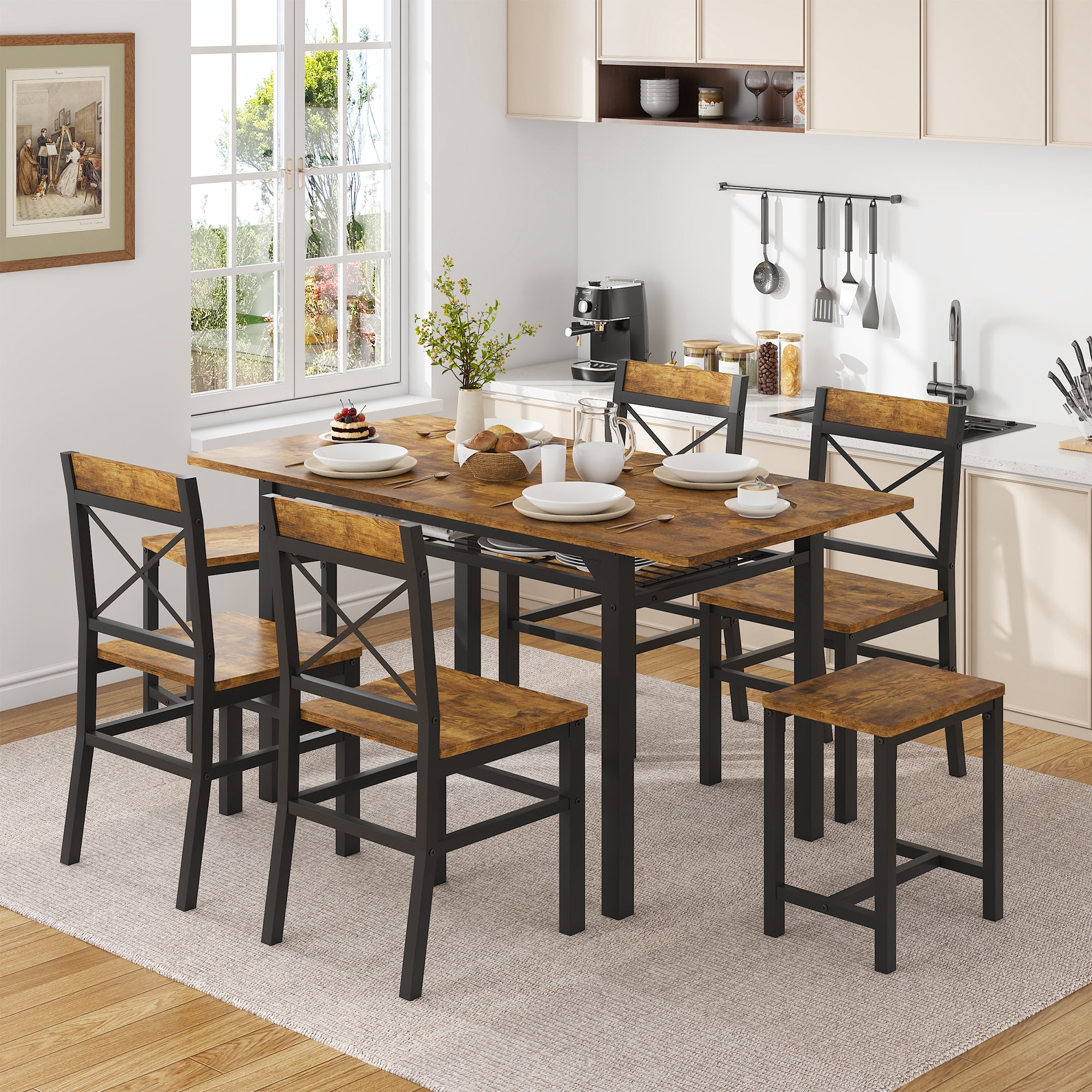 HOQBN Dining Table Set,Wooden Kitchen Table Set for 6,Farmhouse 7-Piece Dining Room Furniture for Small Space, Breakfast Nook, Apartment,Brown