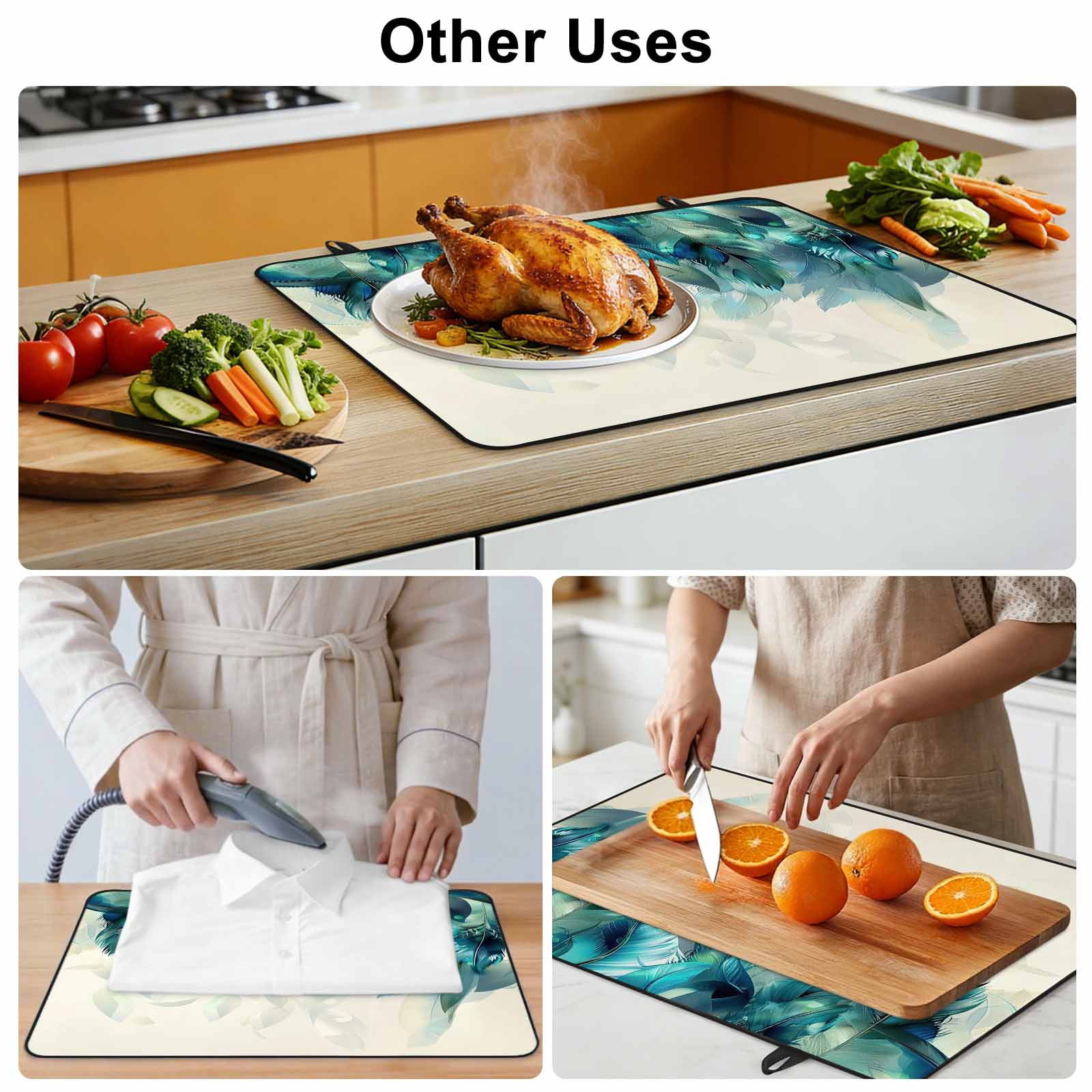 Teal Feather Stove Top Cover for Electric Stove, Heat-proof & Non Slip Glass Top Stove Cover Protector, Farmhouse Feather Art Teal Ombre Kitchen Flat Cooktop Rubber Mat 24x21 Inches