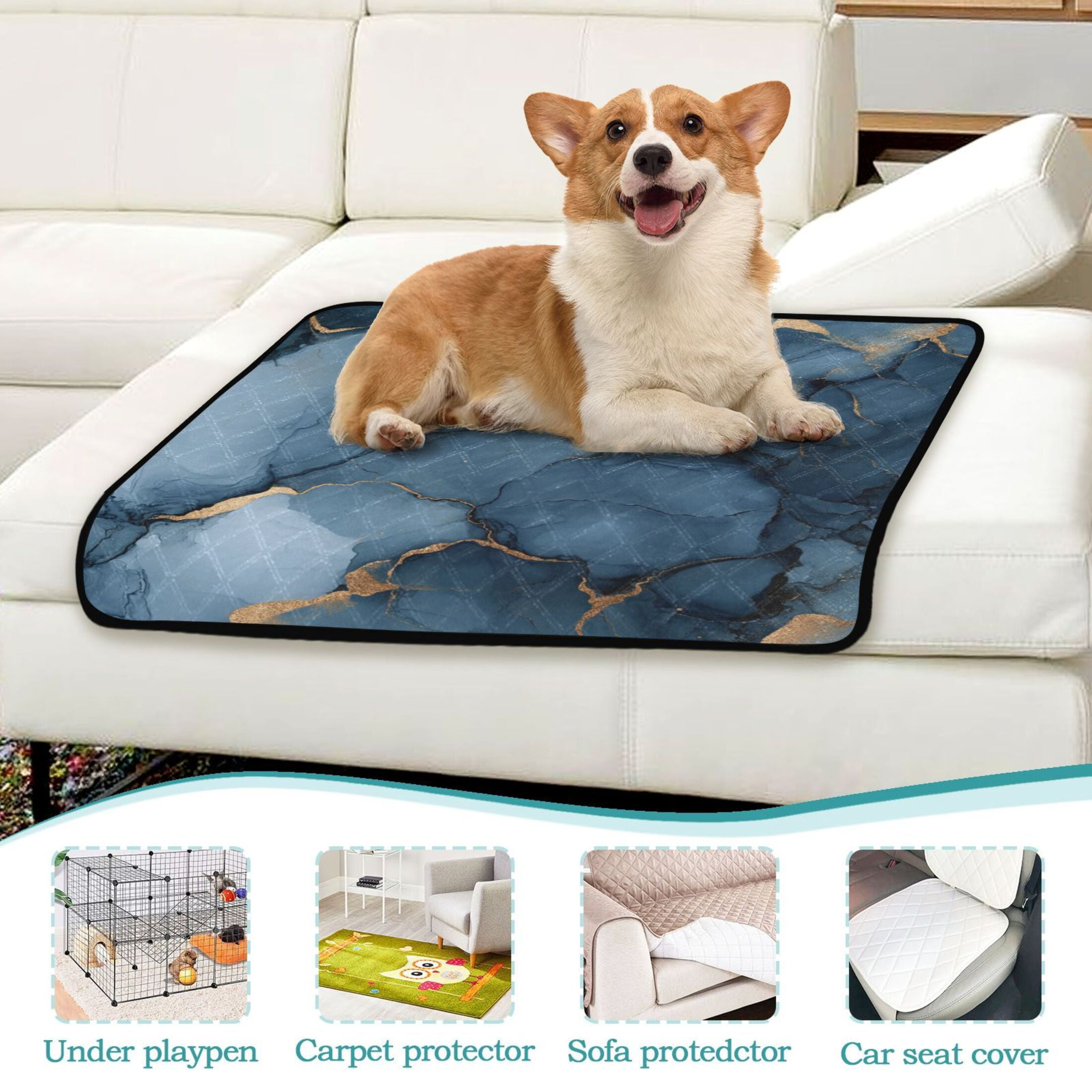 Qxltty Gilt Dark Blue Patterns Cat litter Pads Pet Set of 2 Diaper Mats Center Anti-leakage Layer Absorbent Soft and Comfortable