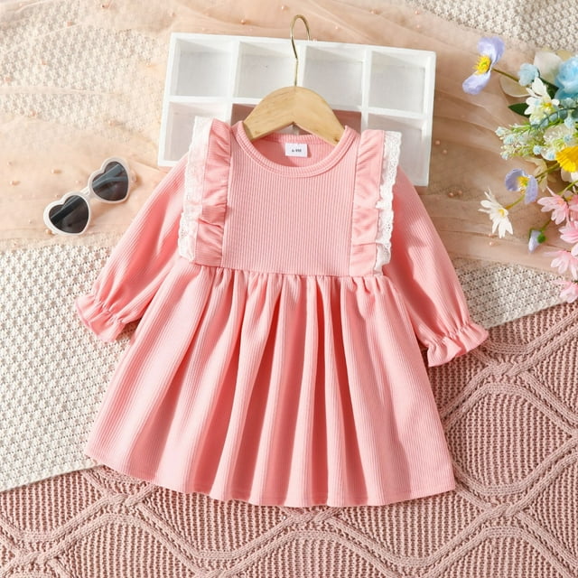 Toddler Girls Dress Winter Long Sleeve Ruffles Ribbed Lace Solid Color Dress Christmas Girls Dresses Size 6 Long Sleeve Girls Dresses Size 10-12 Fall Winter Christmas Girls Dresses 5T-6T Girls Dresses