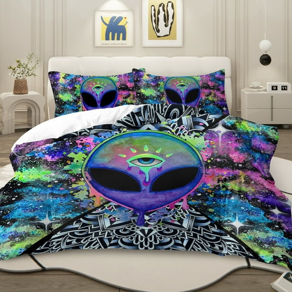 Sleepwish 3 Pieces Psychedelic Alien Printed Bedding Duvet Cover Set Twin for Kids Hippie Bedroom Decor