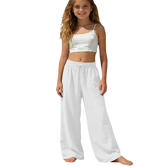 Gunia Linen Pants For Toddler Girls Wide Leg Pants Elastic Waist Lightweight Casual Jogger Double Layer Pleated Sportswear Trousers Beige 4-5 Years
