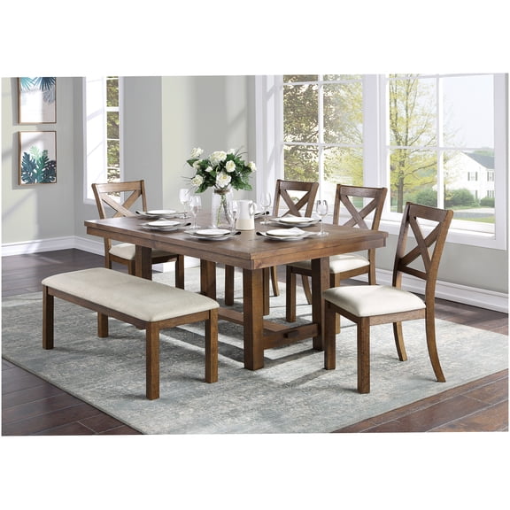 Brown 6-Piece Dining Set with Rectangular Table, Bench and Upholstered Chairs for Kitchen and Dining Room