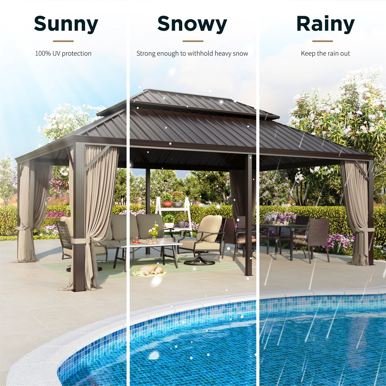 Summit Living 14' x 20' Hardtop Gazebo Aluminum Frame Galvanized Steel Double Roof Patio Gazebo with Netting & Curtains Brown