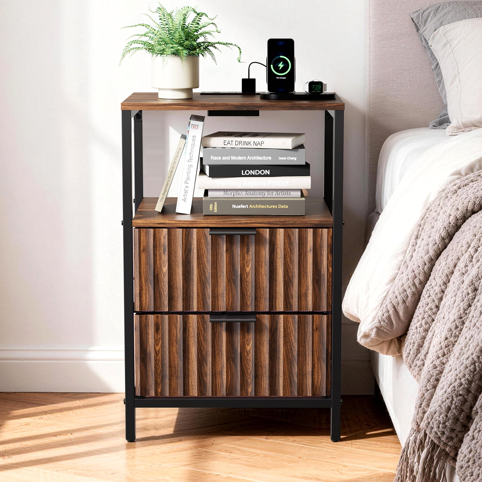 Ktaxon Nightstand with Charging Station End Table with 2 Fabric Drawers Bedside Table Furniture for Bedroom, Living Room,Fluted Brown Wave Design