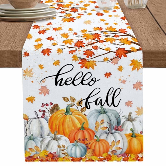 nqOlkjepod Thanksgiving Table Runner 90 Inches Long Farmhouse Dress Scarves, Fall Maple Leaf Orange White Pumpkin Dining Tablerunner for Coffee Table/Kitchen Island/Party Décor, 13" x 90"