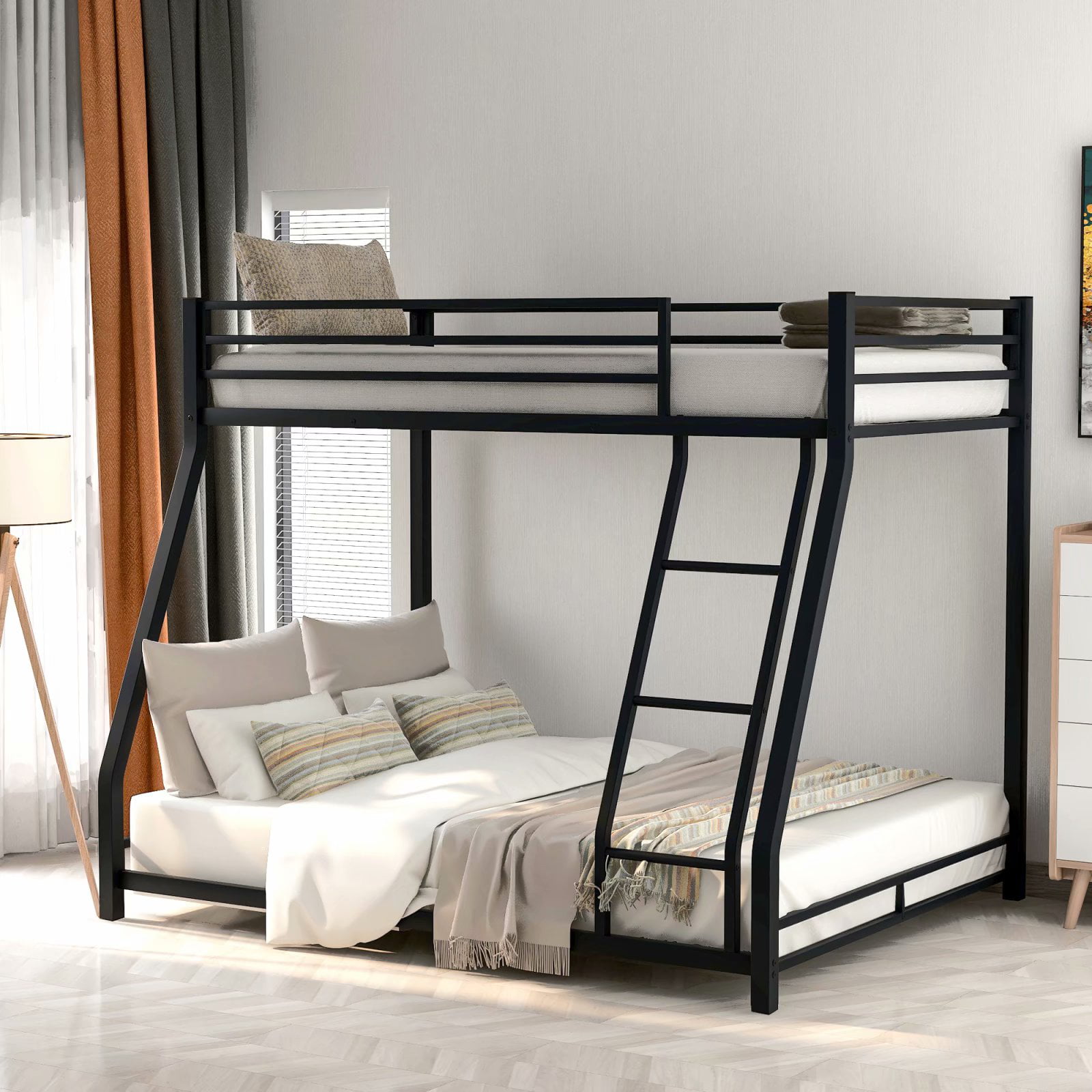 Metal Bunk Bed Frame Platform Twin Over Twin Size Ladder Kids Adult Dorm Bedroom 
