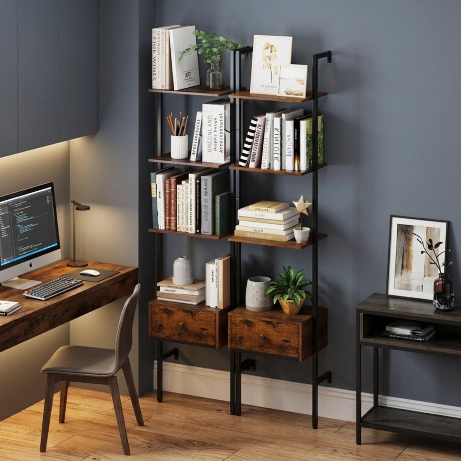 Furnibear 5-Tier Ladder Bookcase with Drawer and Metal Frame for Study Home Office for Living Room Home Office Bedroom Display Storage, Rustic Brown