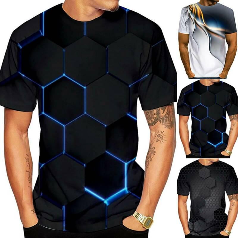 Mens 3D Geometric Print T-Shirt Casual Short Sleeve Round Neck Casual Tee Tops Mens 3D Geometric Print T-Shirt Casual Short Sleeve Round Neck Casual Tee Tops