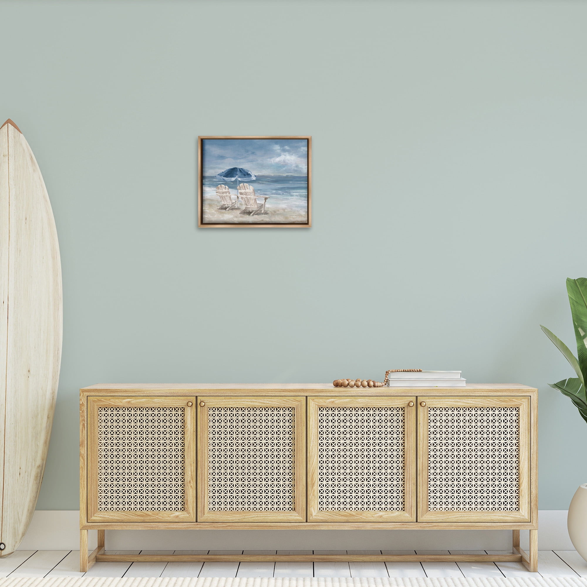 Stupell Industries Serene Beach Chairs Landscape Painting Brown Floater Framed Canvas Art Print Wall Art, 21 x 17