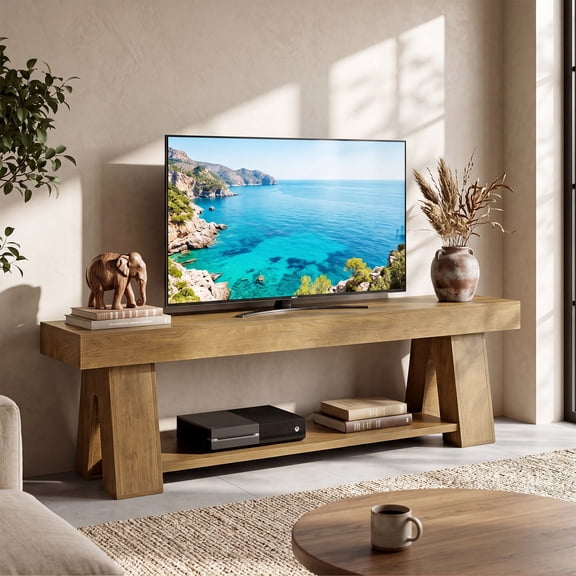 Finmind 63" Modern Wooden TV Stand for TVs up to 65'', Natural Brown Entertainment Center with Lower Open Shelf, TV Media Console for Living Room, Bedroom or Home Office