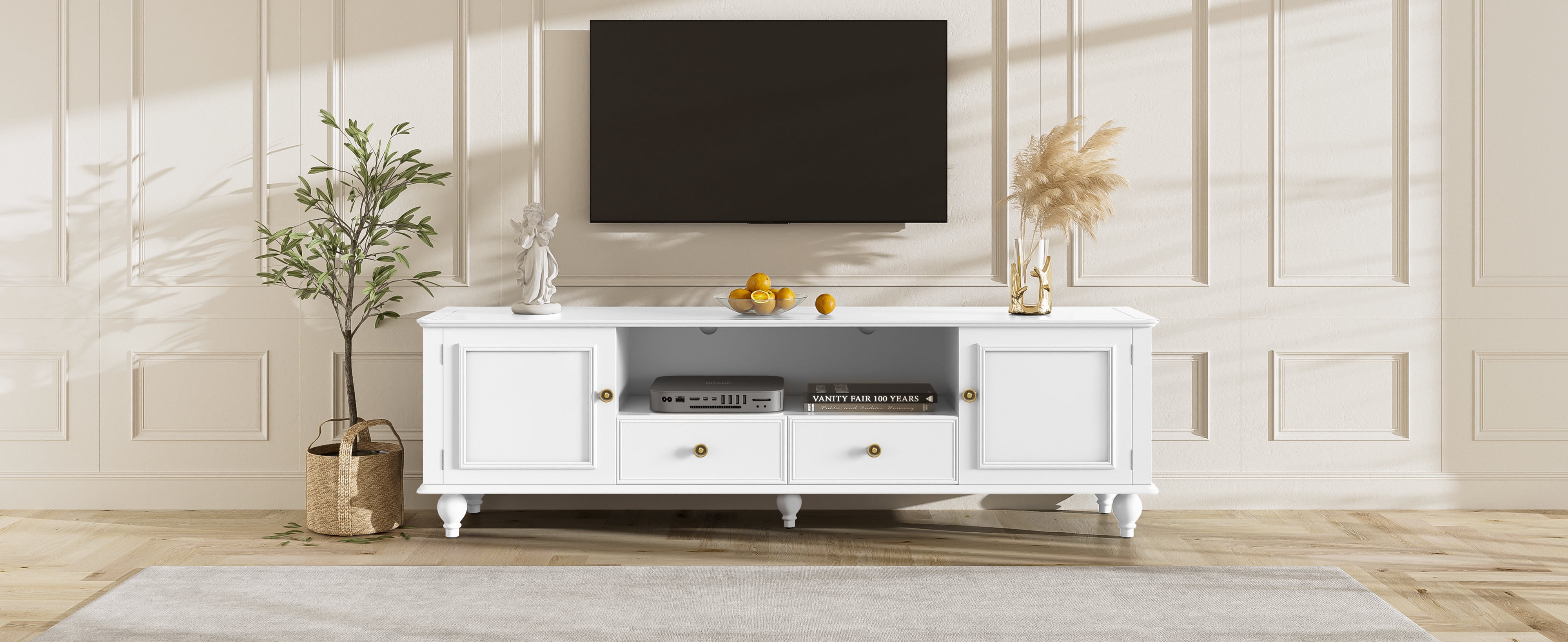 Euroco Modern Minimalist TV Stand with 2 Cabinets, 2 Drawers, and Open Shelf, Media Console with Anti-Tip Kit, for TVs up to 65"