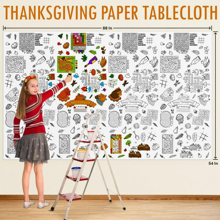 Fun Little Toys 88 x 54 Thanksgiving Coloring Tablecloth for Kids Thanksgiving Tablecloth Disposable Rectangle Thanksgiving Paper Tablecloth, Giant